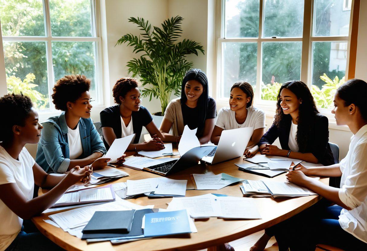A diverse group of individuals from different backgrounds, gathered around a table filled with pamphlets, laptops, and coffee, engaged in discussion about treatment options and support resources. The atmosphere is warm and inviting, with plants in the background and sunlight streaming through a window, symbolizing hope and empowerment. Include elements like supportive gestures, an open laptop displaying mental health resources, and a whiteboard filled with inspirational quotes. super-realistic. vibrant colors. warm tones.