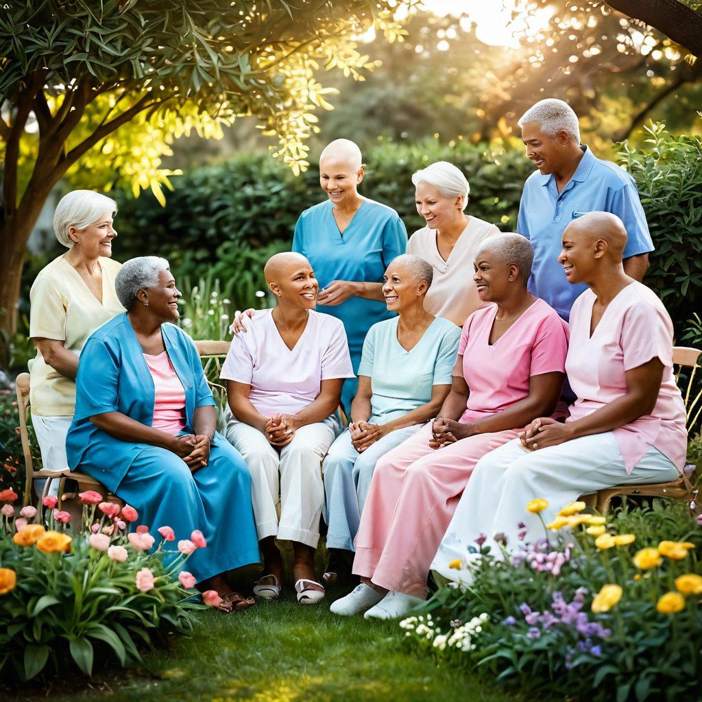A serene and hopeful scene depicting a diverse group of cancer patients and caregivers sharing a supportive moment in a tranquil garden. Include elements such as blooming flowers, a warm sun setting in the background, and gentle smiles among the group. Use soft pastels and warm tones to evoke a sense of empowerment and community. super-realistic. vibrant colors. soft focus.
