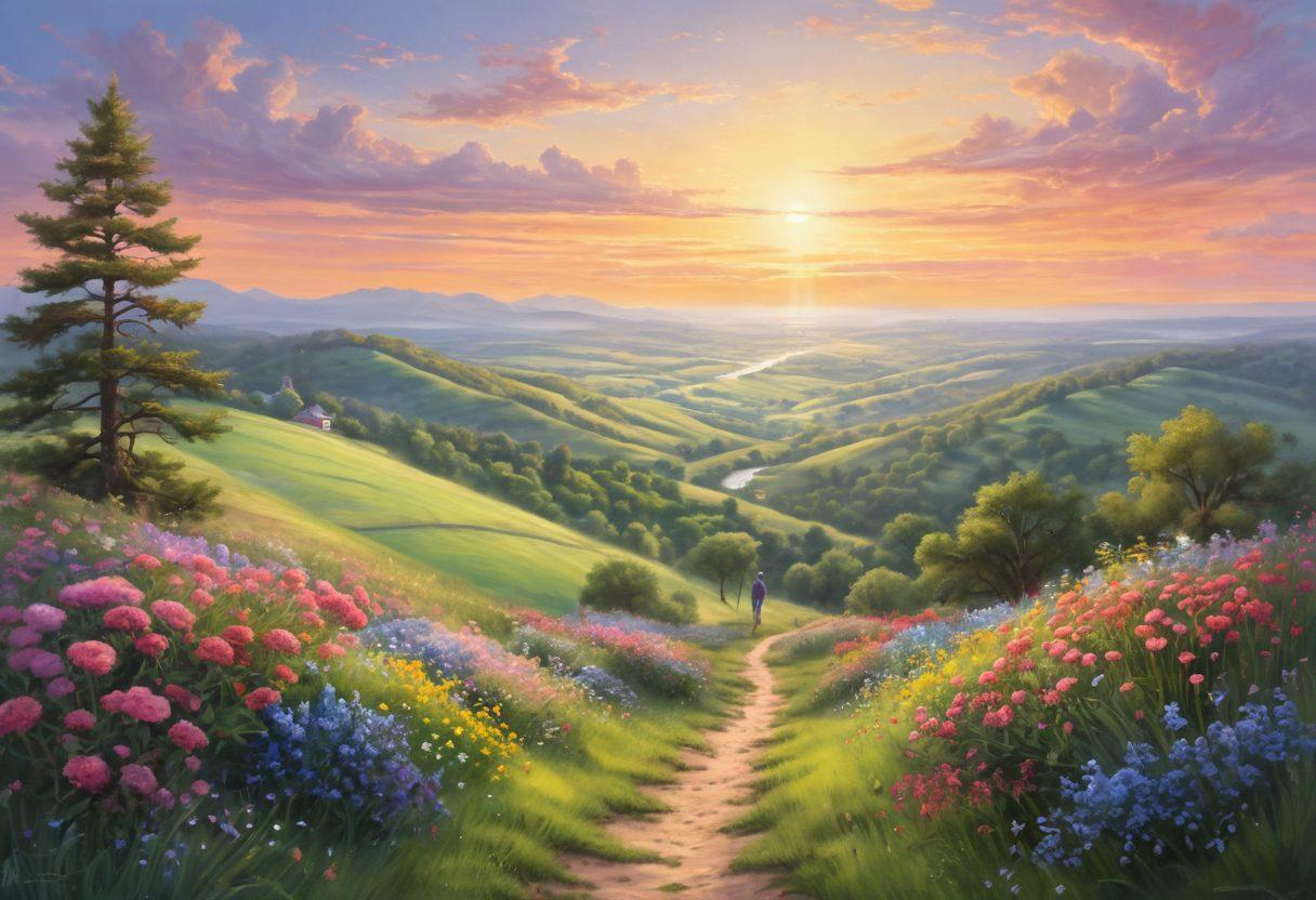 A serene landscape depicting a cancer survivor standing on a hilltop, looking towards a bright sunrise symbolizing hope and new beginnings. Surround the survivor with lush greenery and blooming flowers that represent growth and vitality. Include subtle imagery of medical elements, like a stethoscope or DNA strand, gently integrated into the natural surroundings, to reflect the journey from illness to wellness. soft pastel colors. inspirational. 3D.